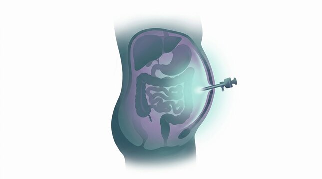Medical Illustration of Laparoscopic Surgery Showing Digestive Organs and Intestines in the Abdomen