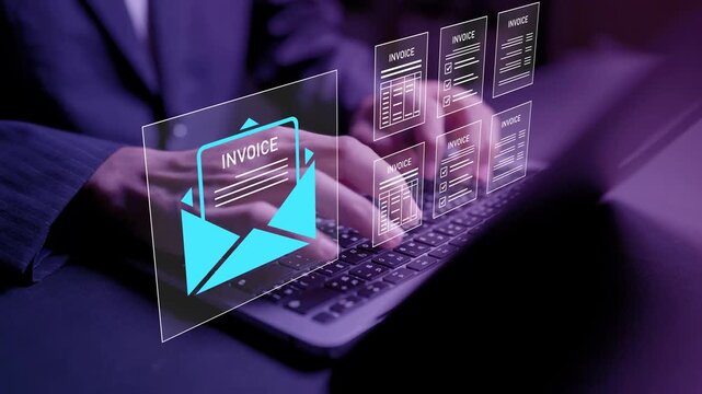 Online e-invoice bill and financial management platform concept. User using laptop with e-billing, report and banking icons, digital accounting, secure payment and money tracking.