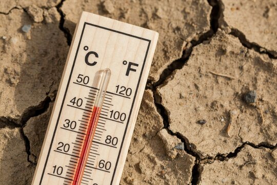 A wooden thermometer rests on cracked, parched earth ground. This image illustrates severe drought, environmental crisis, and the effects of global warming.