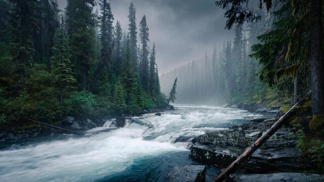 Powerful river rushing through misty dense forest with towering pine trees and natural wilderness