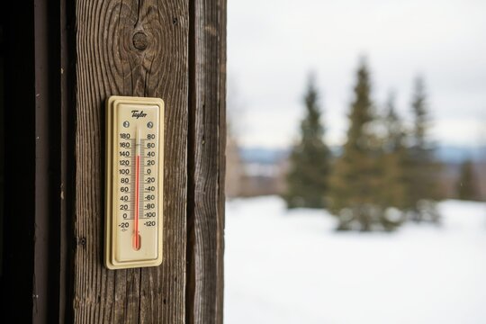 An analog outdoor thermometer mounted on a wooden frame against a blurred snowy winter landscape. Concept of extreme cold weather and meteorological monitoring.