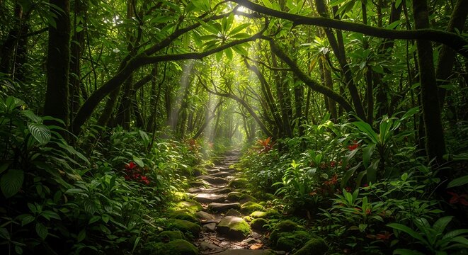 Sunbeams shining through tropical jungle foliage onto stone path