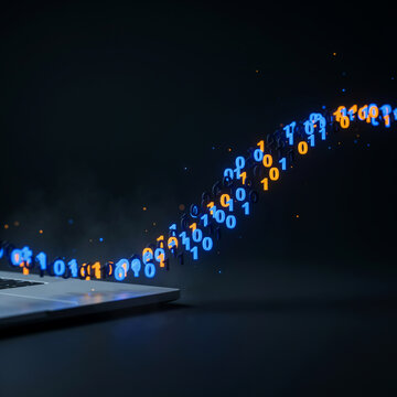 Binary data flows dynamically from a modern laptop keyboard in a glowing blue and orange stream.
