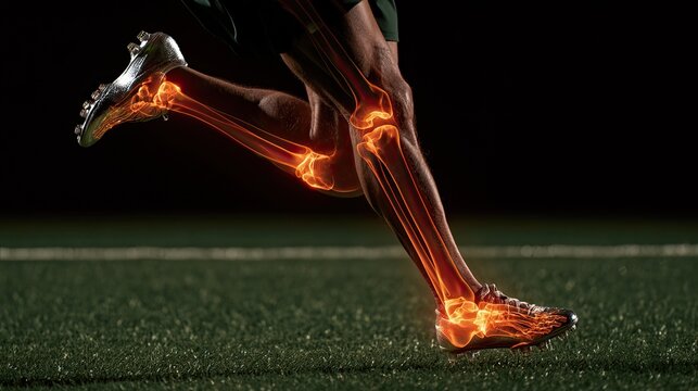 Athletic legs with glowing skeletal structure in motion on field