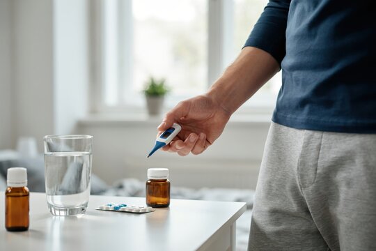 A man holding a digital thermometer near medication and a glass of water on a table. Concept for home treatment and managing seasonal illness.