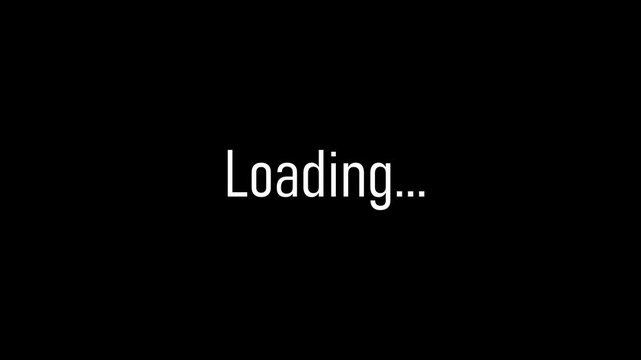 White loading text animation with ellipsis, minimal buffering status indicator on black background, loop
