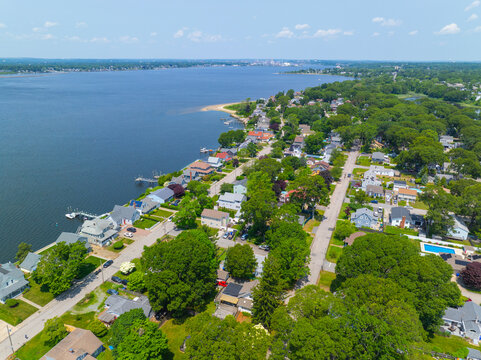 Bullock Point aerial view in summer between Providence River and Bullock Cove at Riverside, city of East Providence, Rhode Island RI, USA. 