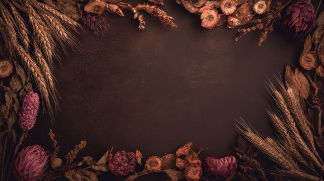 Dark academia botanical frame, dried brown leaves, burgundy flowers, wheat, seed pods and antique botanical stems arranged around the borders, deep