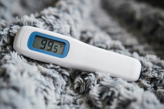 A digital thermometer displaying a fever temperature resting on a soft gray blanket. Essential medical device for home health monitoring and flu season care.