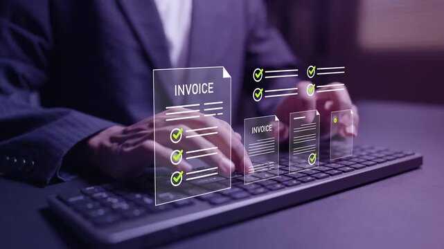 Digital invoice document approval concept. Person typing keyboard with e-invoice, checkmark and approval icons, electronic document verification, workflow management and paperless office.