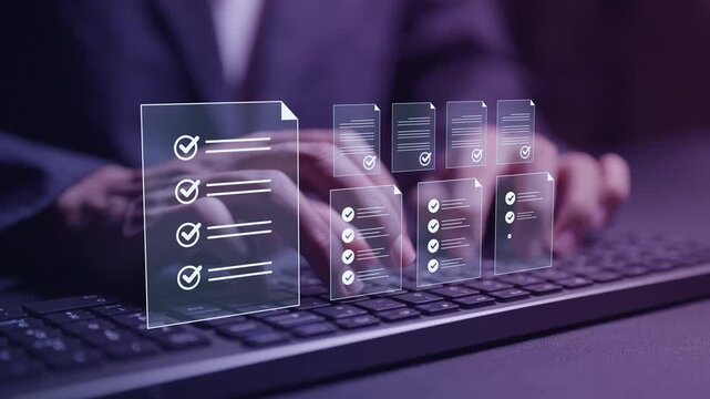 Online survey and digital form checklist concept. Person typing keyboard with survey, checkbox and feedback icons, digital data collection, customer evaluation and opinion research.
