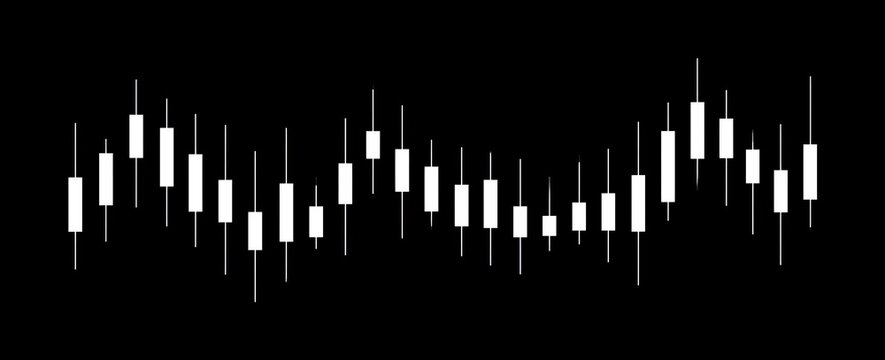 White candlestick chart on a black background, showing fluctuating market trends