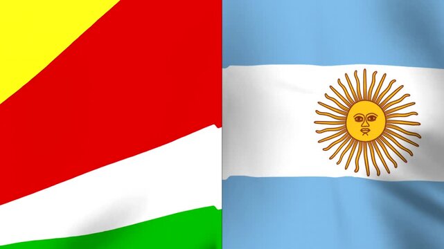 National flags of Seychelles and Argentina waving side by side representing international friendship and diplomatic relations between the two countries
