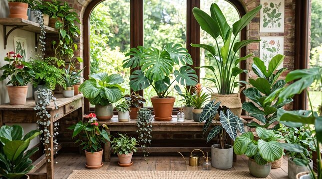 Lush indoor garden with various green houseplants in a bright room
