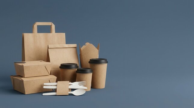 3D rendering of eco-friendly cardboard food packaging, takeaway boxes, and cups.