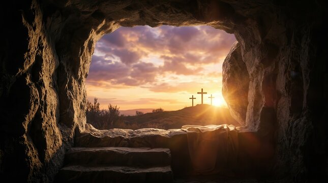 A rocky cave opening revealing three crosses on a hill under a dramatic morning sky.