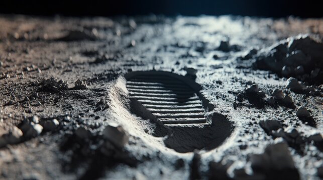 Extreme close up of a single astronaut bootprint pressed into fine lunar dust, intricate granular texture and sharp edges, dramatic sunlight casting