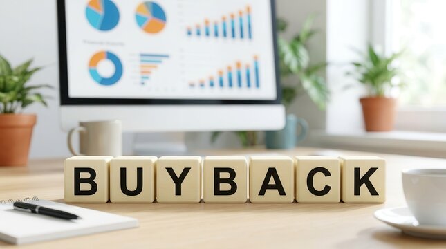 Business school finance lecture concept showing BUYBACK blocks on a desk with professional stock market graphs.