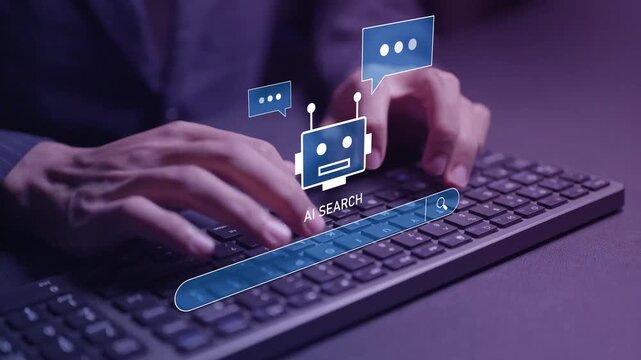 Artificial intelligence search engine system concept. Person typing keyboard with AI query and neural network icons, intelligent web search, automated analysis and smart technology.