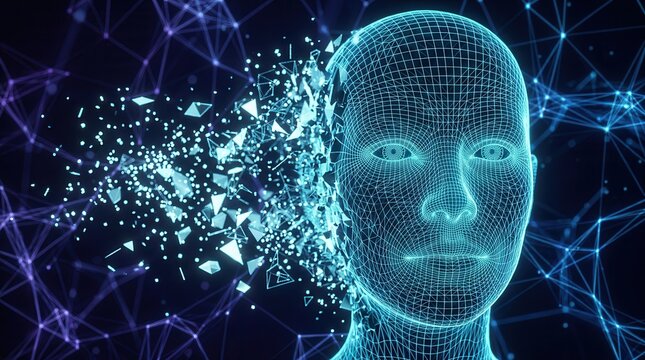 A digital human face dissolving into particles representing artificial intelligence and machine learning.