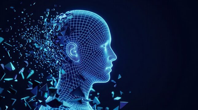 Concept of AI artificial intelligence and digital transformation using a wireframe human face head.