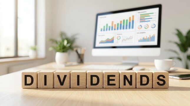 Dividend reinvestment and tax planning theme with wooden letter blocks and office workspace with business analytics.