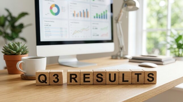 Quarterly earnings report for Q3 featuring wooden blocks and financial analysis software on a screen.