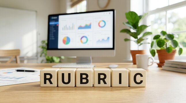 Rubric blocks on a desk used for scoring guide evaluation and training program feedback.