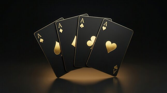 Four aces playing cards in black and gold theme for gambling and poker game design.
