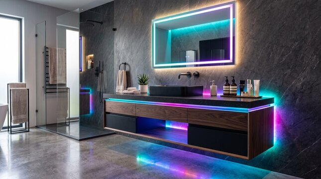 Modern bathroom vanity with colorful LED lighting