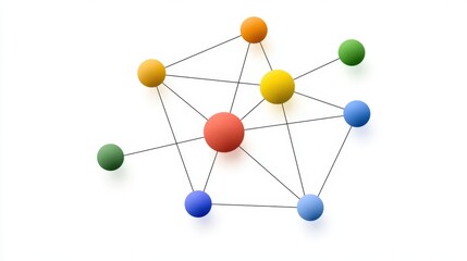 Obraz premium Colorful 3D Spheres Connected by Thin Black Lines Forming a Network Diagram on White Background, Representing Data Connection and Network Structure Concept