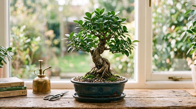 Small bonsai tree in a ceramic pot on a wooden table