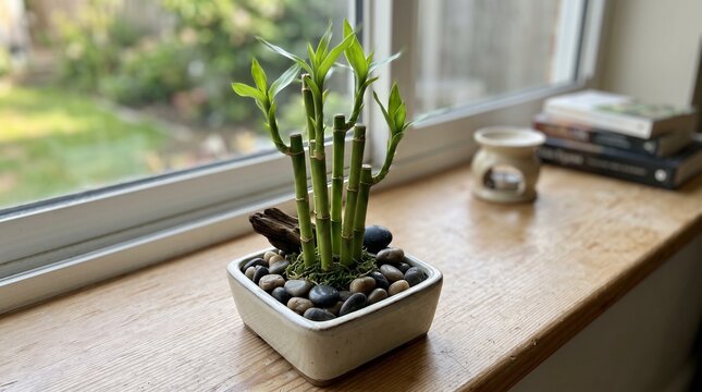 lucky bamboo plant in a ceramic pot on a wooden windowsill