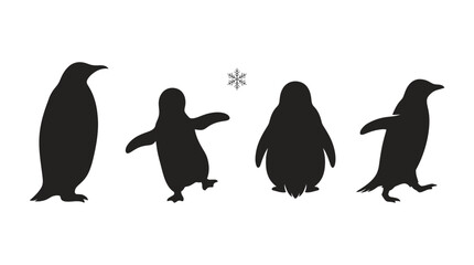 Fototapeta premium Four black penguin silhouettes standing on white background with a small snowflake icon above them