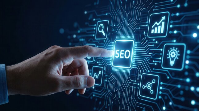 High-tech SEO search engine optimization and website ranking concept in a digital landscape.