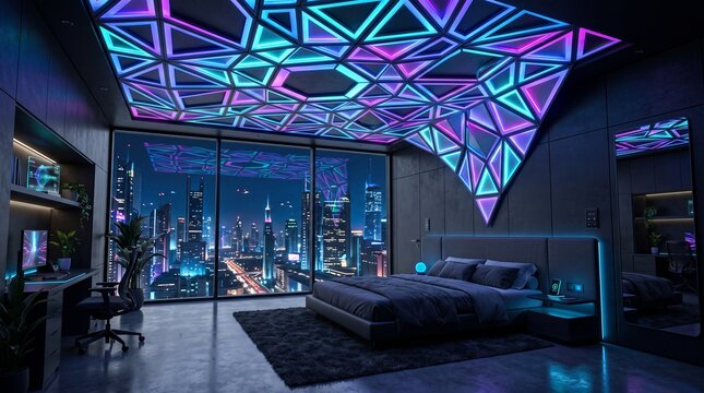 Modern futuristic bedroom with neon geometric ceiling lighting