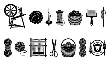Vintage wool spinning and weaving icons set. Black silhouette fiber art tools. Traditional textile craft equipment for knitting and sewing. © Anika