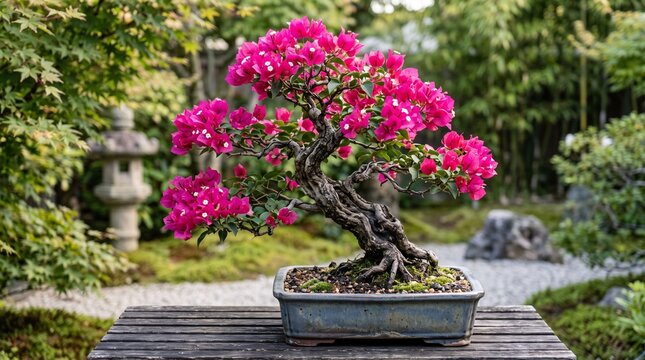 Beautiful blooming bougainvillea bonsai tree in garden
