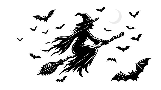 Wicked witch flying on a wooden broomstick surrounded by numerous dark silhouettes of small bats