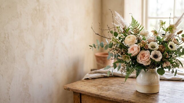 Beautiful floral arrangement in ceramic vase on rustic wooden table