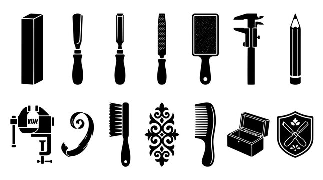 Woodworking tools icon set, black carpentry equipment silhouettes, 14 craft workshop vector elements for joinery and DIY projects