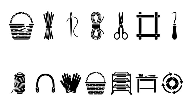 Wicker basket weaving icons set, 14 black silhouette craft tools, handmade basketry equipment and sewing supplies vector