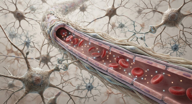 Brain Neurovascular Unit Showing Neurons, Astrocytes and Cerebral Capillary
