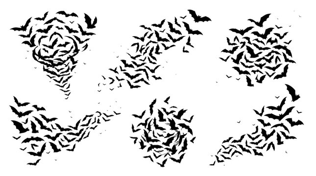 Flying bats silhouette collection featuring dynamic swarms with ethereal smoke trails on a white background design