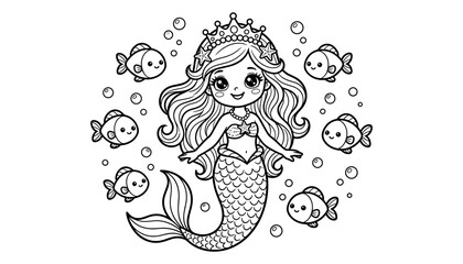 Cute mermaid princess surrounded by little fish coloring page line art vector illustration isolated on white.