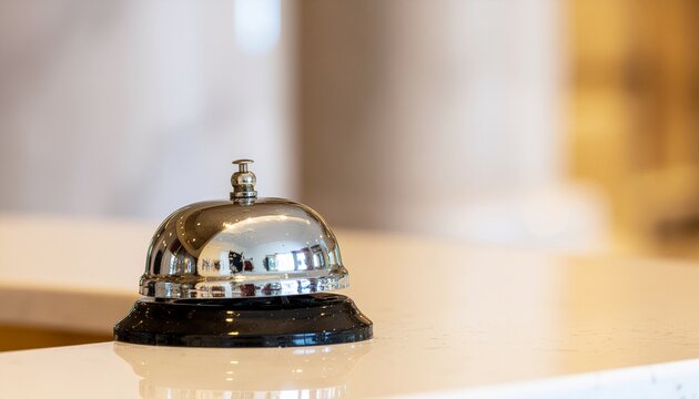 A glossy metallic service bell sits on a white marble reception desk, captured in a sharp close-up shot with a luxurious, warm blurred hotel lobby lounge in the background view.