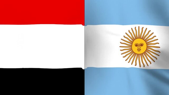 National flags of yemen and argentina waving together side by side
