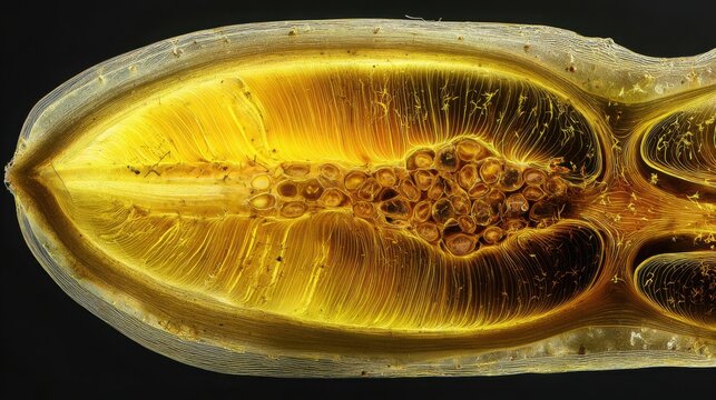Extreme scientific macro cross section of a yellow corn kernel, clearly visible translucent outer pericarp, dense starchy endosperm and germ region
