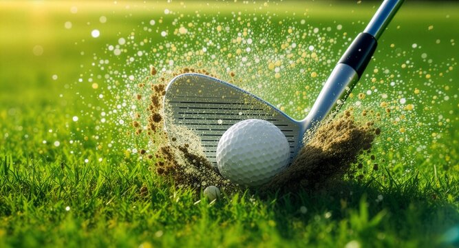 Detailed low-angle view of a golf club hitting a ball out of the green grass, capturing the crisp motion and flying debris with cinematic depth of field elements.