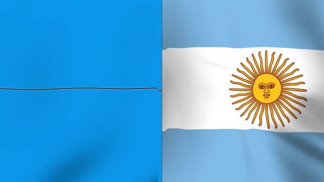 Split screen composition showing a solid blue color and the national flag of Argentina waving in the wind
